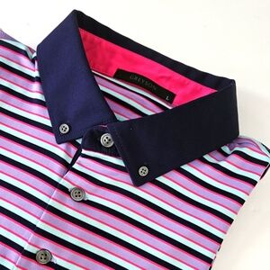 Greyson Maniwaki Mens Large Performance Polo Purple/Blue Stripes Short S…